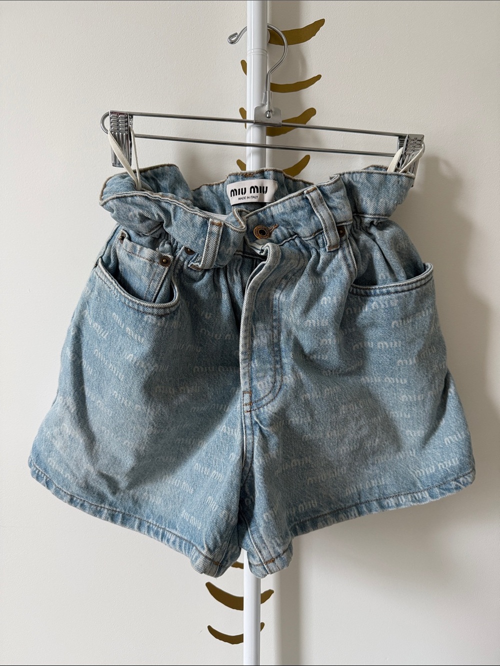 Miu Miu Light Blue Logo-Print Paperbag Denim Shorts 24